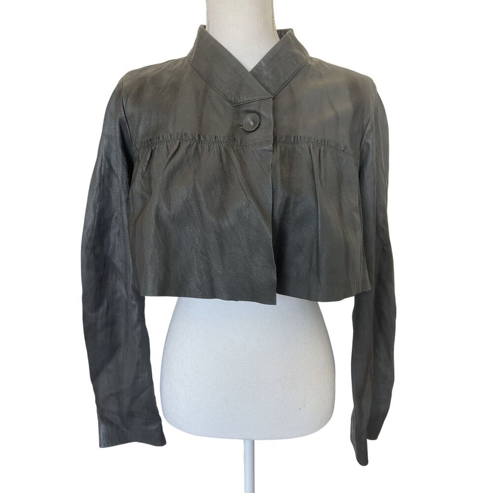 AllSaints Cropped Black Leather Jacket with Stand Collar